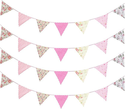 Zwiebeco 32Ft Pink Floral Fabric Bunting Triangle Flags Cotton Flower Pennant Banner Decoration for Birthday Wedding Engagement Baby Shower Tea Party Spring Rustic Village Home Garden Décor