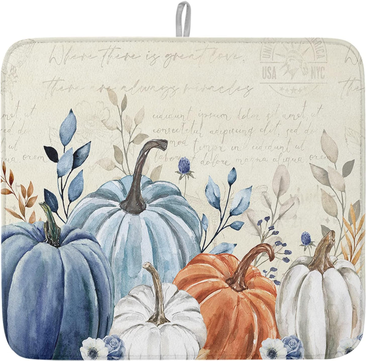 Fall Dish Drying Mat for Kitchen Counter Blue Pumpkin Drying Pad Absorbent Drying Mats for Countertops Sinks Draining Racks Floral Leaves Drainer