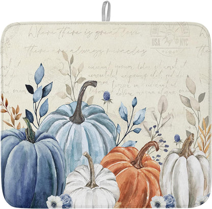 Fall Dish Drying Mat for Kitchen Counter Blue Pumpkin Drying Pad Absorbent Drying Mats for Countertops Sinks Draining Racks Floral Leaves Drainer