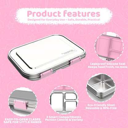 Stainless Steel Lunch Box 1000ml - 3 Compartment Bento Box for Kids & Adults, Leakproof Food Container, BPA-Free Metal Lunch Box with Silicone Seal, Eco-Friendly/Dishwasher Safe (Pink)