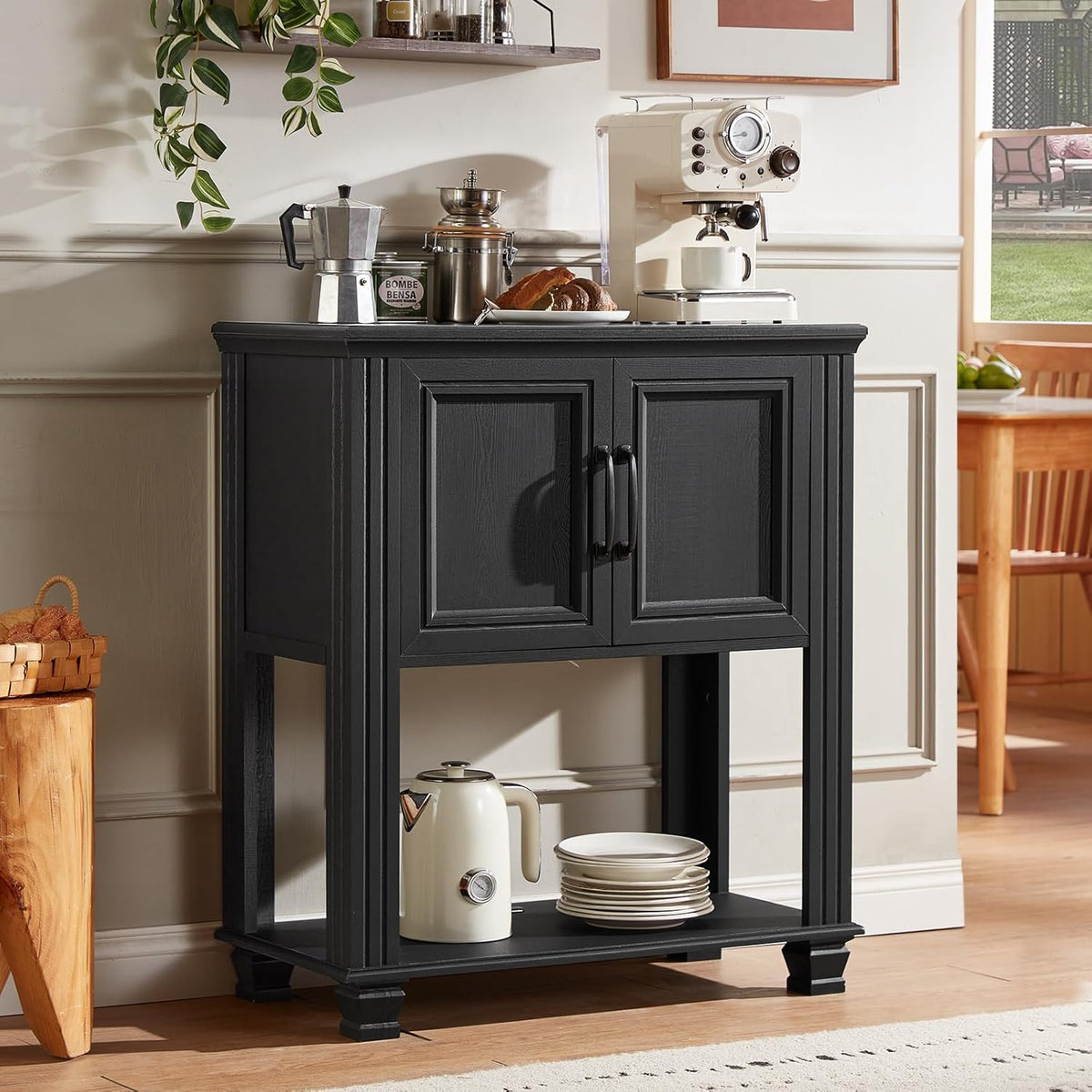 Farmhouse Coffee Bar Station with 2-Door Cabinet, Small Kitchen Cabinet with Open Lower Shelf, Entryway Table with Storage for Dining Room, Kitchen