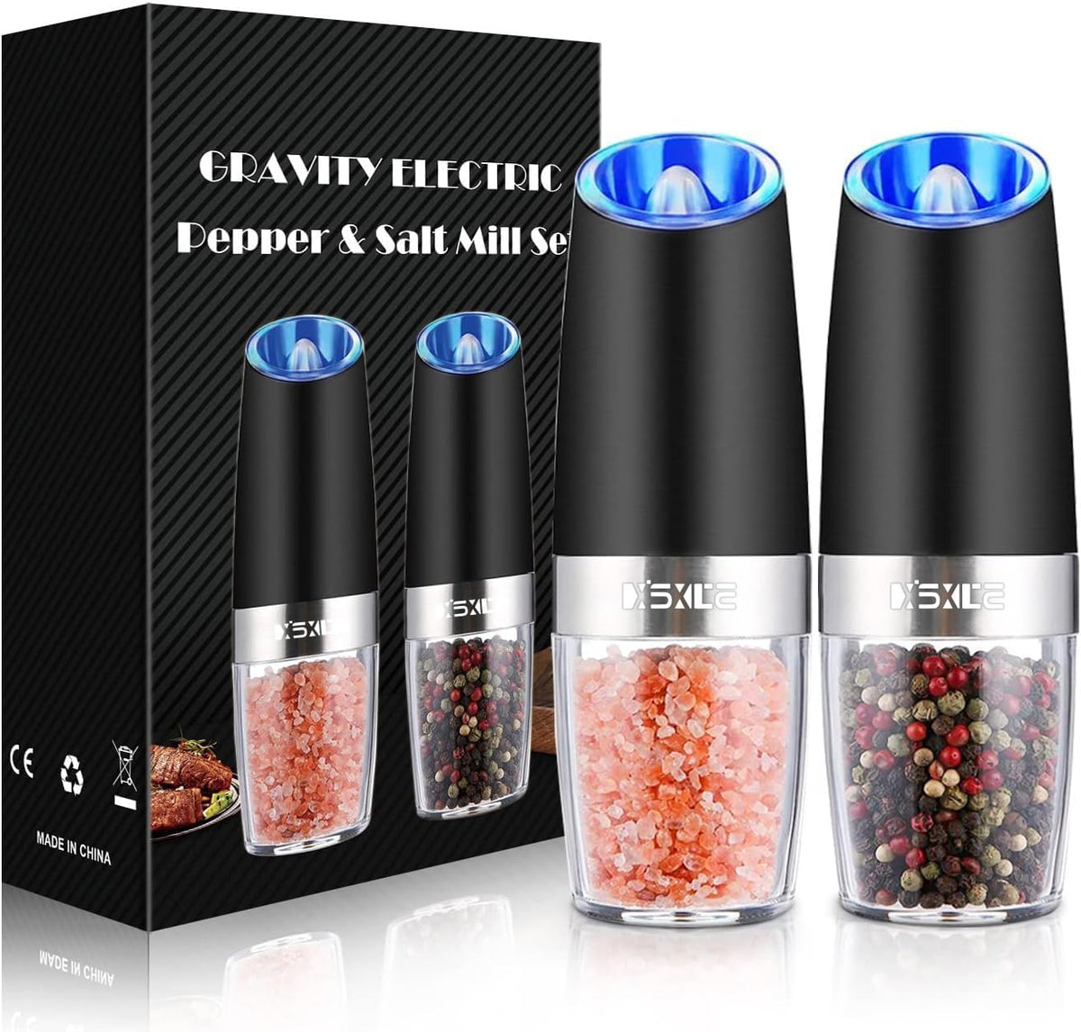 XinXu Gravity Electric Pepper and Salt Grinder Set, Adjustable Coarseness, Battery Powered with LED Light, One Hand Automatic Operation, Black -2 Pack