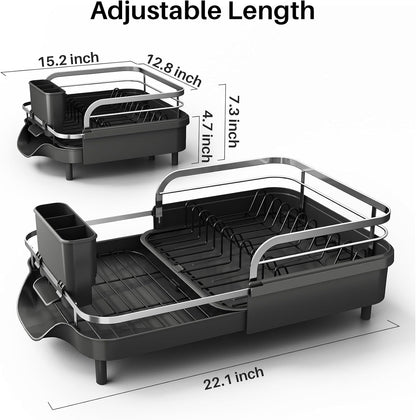 SNTD Dish Drying Rack, Expandable Dish Rack for Kitchen Counter, Stainless Steel Dish Drainer with Drainboard Set and Utensil Holder (Black)