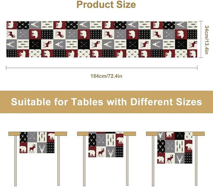 Farmhouse Bear Deer Table Runner, Retro Rustic Village Buffalo Plaid Table Runner for Coffee Table Dining Room Table Bedroom Party Holiday 13x90in