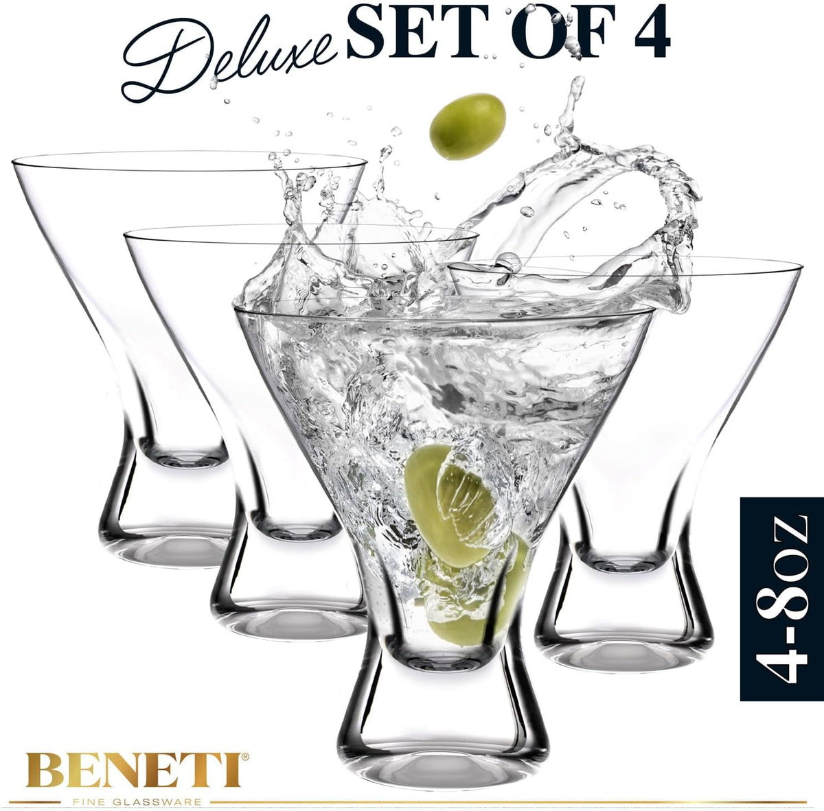 Beneti Martini Glasses Set of 4, Made in Europe, 8oz Clear Stemless Cocktail Bar Drinking Glassware Set for Parties (4 Pack)