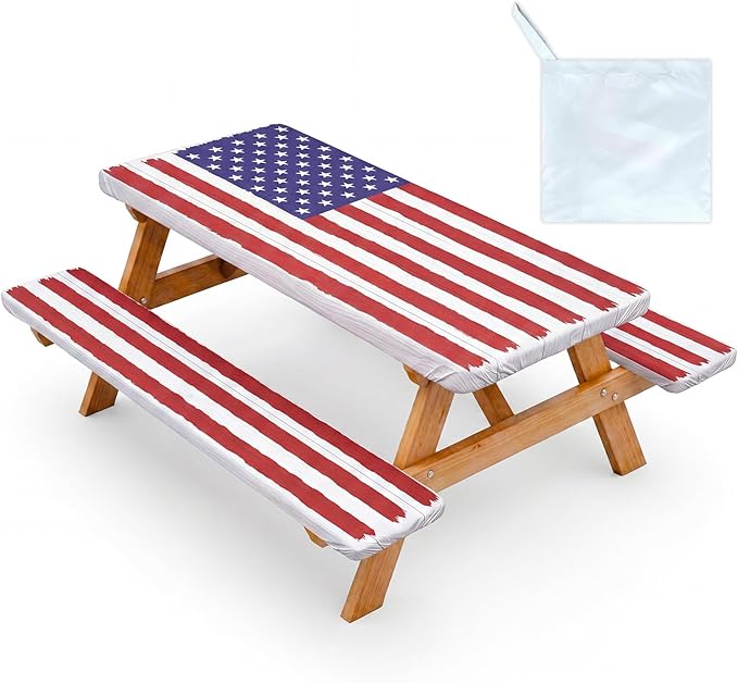Picnic Table Cover with Bench Covers Windproof Waterproof Picnic Table Covers Camping Tablecloth with Self-Storage Bag, 72in, Bright White Wood