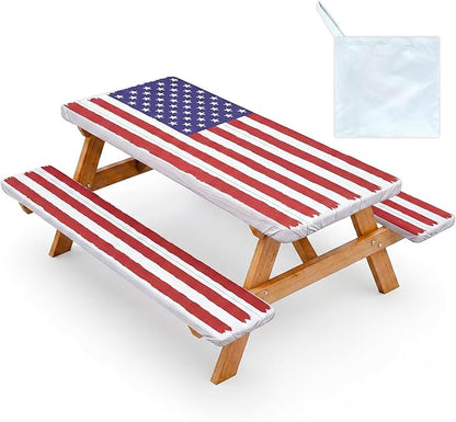 Picnic Table Cover with Bench Covers Windproof Waterproof Picnic Table Covers Camping Tablecloth with Self-Storage Bag, 72in, Bright White Wood