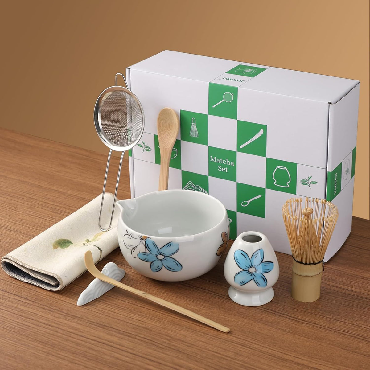 Matcha Whisk Set Cute,8pcs Matcha Set Whisk And Bowl,Matcha Kit Set With Bamboo Whisk,Ceramic Matcha Bowl,Sifter,Scoop,Holder,Towel,Stand,Spoon