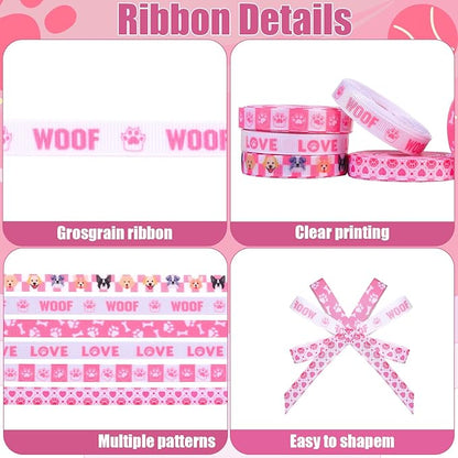 6 Roll Dog Paw Print Ribbon, 3/8 Inch x 30 Yard Pink Checkered Ribbons, Pet Grooming Gift Wrap Grosgrain Ribbons, White Love Print Ribbon for Pet Lover Animal Cat Themed Party Favor Decor