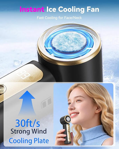 DRORION Portable Mini Fan with Ice Cooling Function, 199 Speed Adjustable Handheld Fan, Rechargeable Personal Fan with Digital Display,Quiet Desk Fan for Travel, Office, Outdoor, Summer,Black Gold