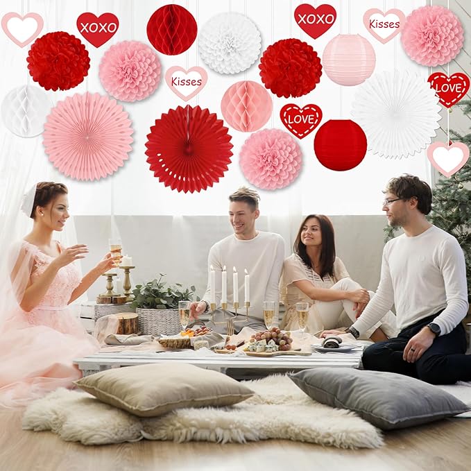 22pcs Valentines Day Party Decorations – Red Pink Paper Fans, Honeycomb Hanging, Tissue Pom Poms Kit for Classroom, Office, Birthday, Galentines Ceiling Decor