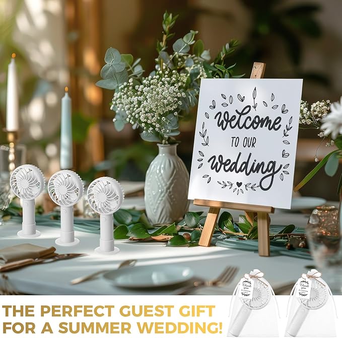 Glooglitter 24 Pack Wedding Guest Favors Handheld Fan with Thank You Tag-Mini USB Rechargeable Portable Desk Fan, 3-Speed Lightweight Bridal Party Bachelorette Gift for Women (White)