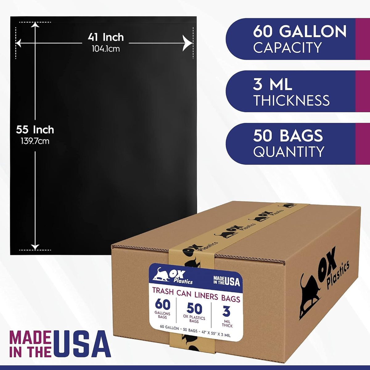 Ox Plastics Trash Can Liners Bags - 60 Gallon Capacity & 3mil Thick Extra Heavy Duty Strength - 50 Large Garbage, Leak-Proof & Durable, House & Commercial Use Bags Black