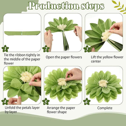 Geyee 18 Pcs Mexican Paper Flowers Colorful Fiesta Tissue Paper Flowers Pom Poms Mexican Carnival for Floral Party Backdrop Wedding Birthday Party Craft, 6" 8" 10"(Green Series)