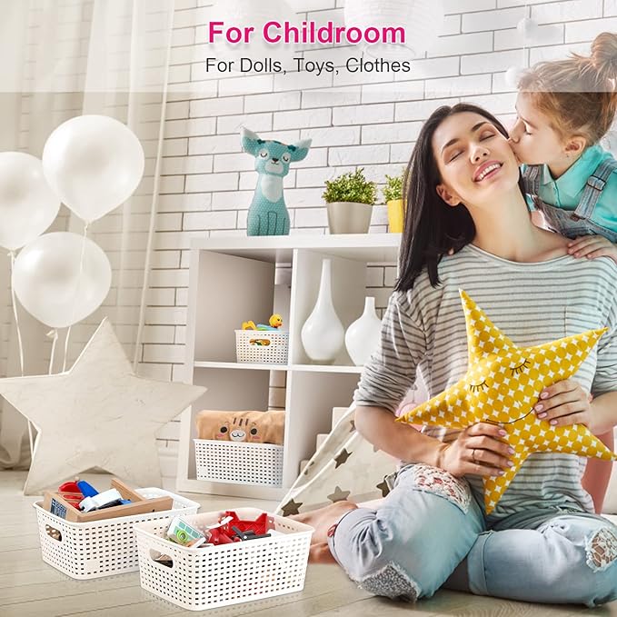 AREYZIN Plastic Storage Baskets With Lid Organizing Container Lidded Knit Storage Organizer Bins for Shelves Drawers Desktop Closet Playroom Classroom Office, White, 6 Pack