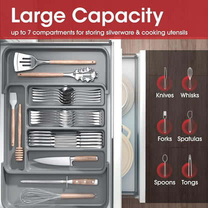 Aujen Silverware Organizer - Expandable Kitchen Drawer Organizer, Adjustable Utensil Organizer, Cutlery Tray for Forks, Knives, Multipurpose Kitchen Organizers and Storage Solution, Grey, Medium