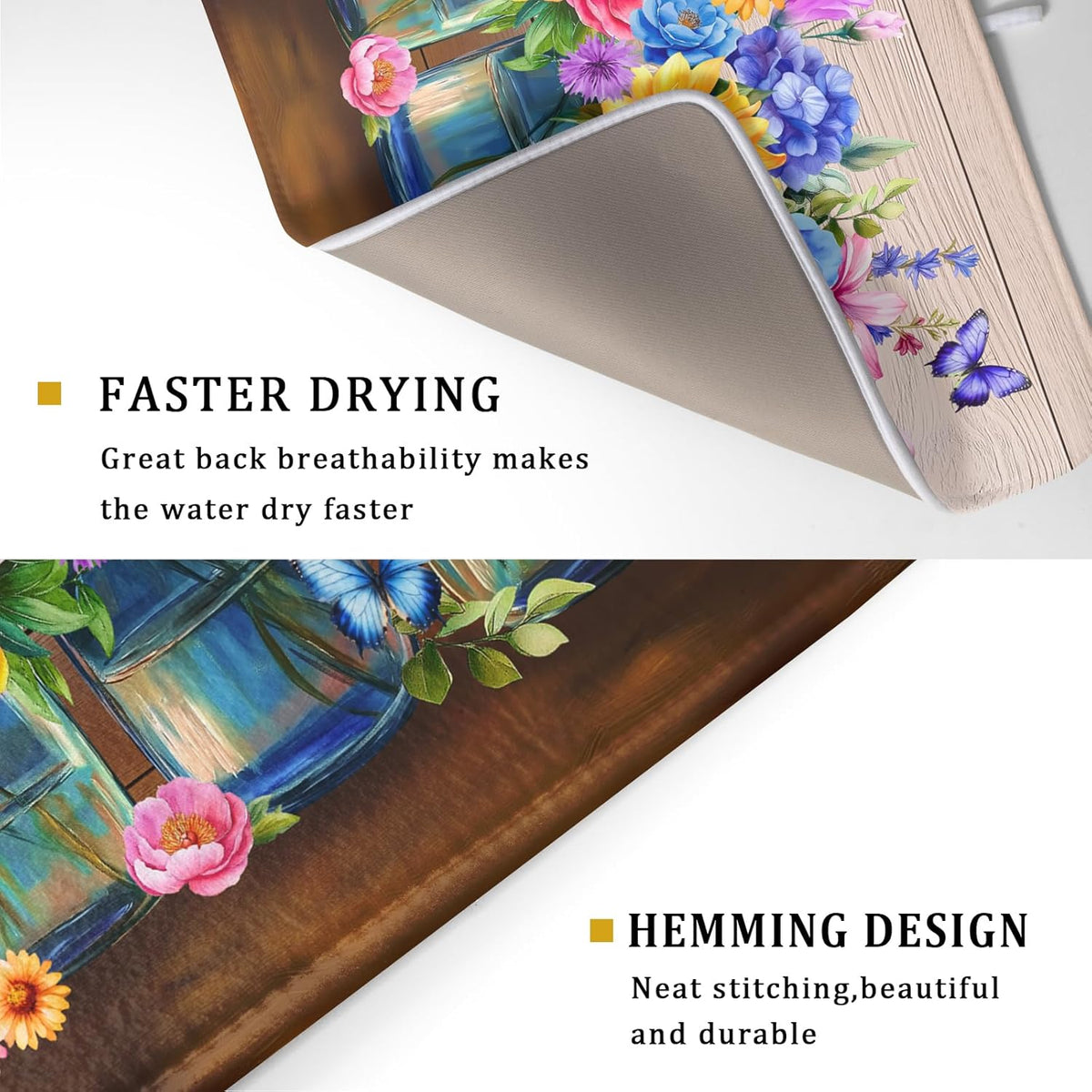 Spring Flowers Dish Drying Mat for Kitchen Counter 18x24in Vintage Plants Colorful Floral Kitchen Drying Mat Soft Absorbent Microfiber Farmhouse