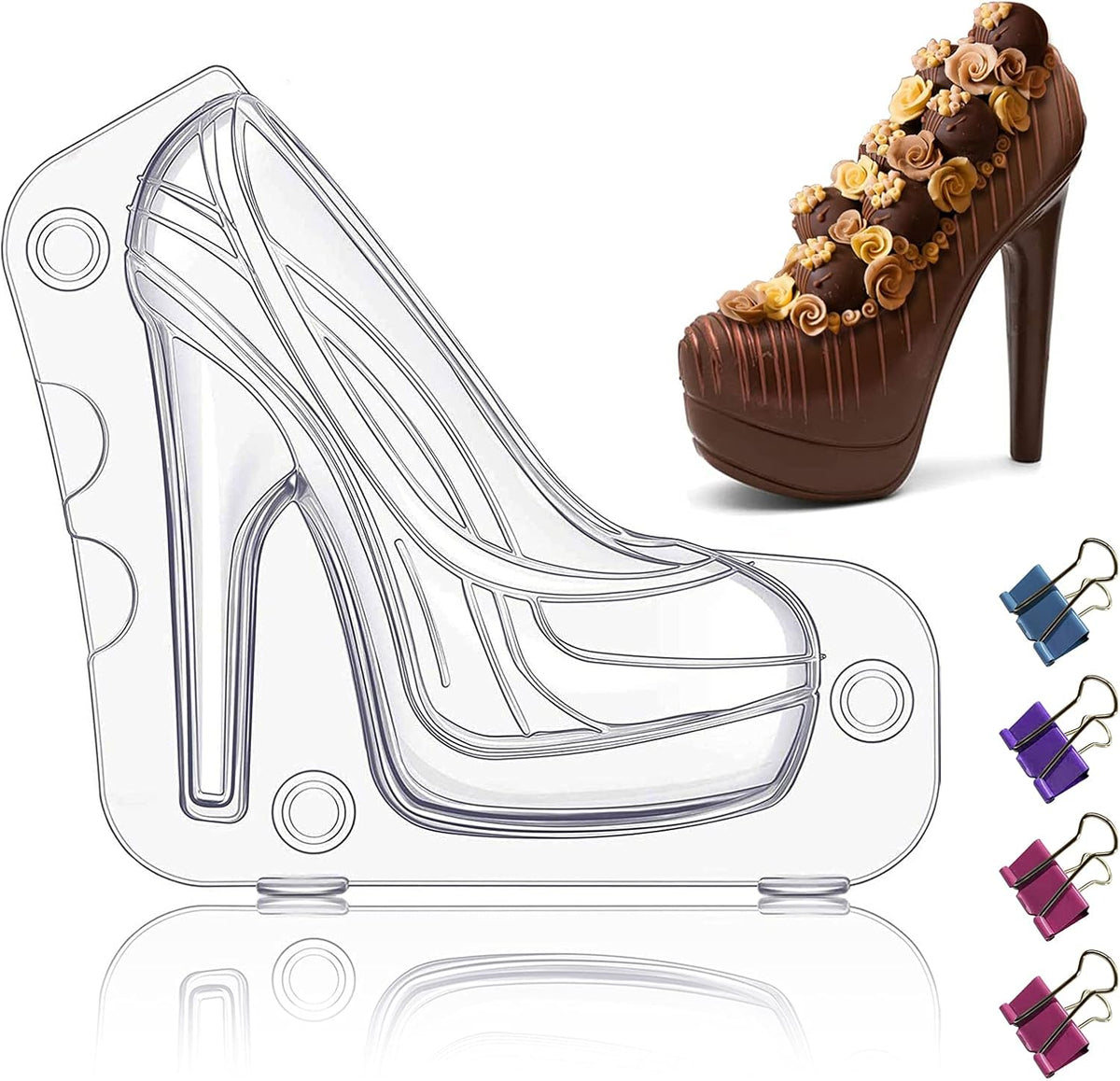 Sakolla High Heel Shoe Chocolate Molds, 3D Shoe Candy Molds Large Thick Soled Stiletto Molds with 4 Clips Cake Decoration for Wedding Birthday Party