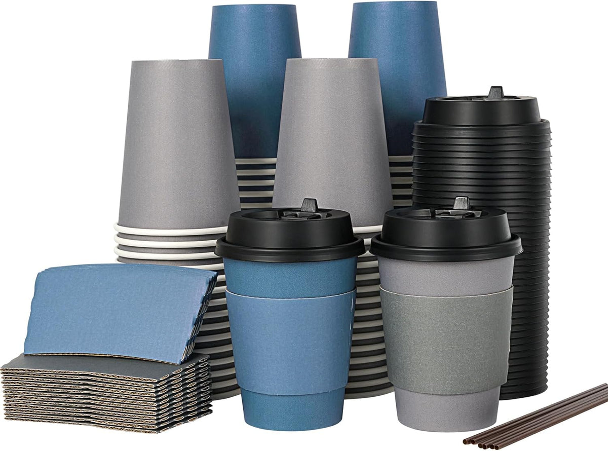 Litopak 100 Pack 12 oz Disposable Paper Coffee Cups with Lids, Sleeves and Stirring Sticks for Hot Coffee, Water or Juice