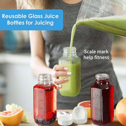 6 Pack 16 Oz Glass Juice Bottles with Pour Spout, 100% Airtight Heavy Duty Screw Lid- Reusable Glass Milk Bottles w Capacity Mark