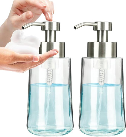 Foaming Hand Soap Dispenser Set, 16 oz Large Glass Soap Dispenser, Foam Dispenser with Stainless Steel Pump & Waterproof Labels, Refillable Soap Bottles for Bathroom Countertop, 2 in 1