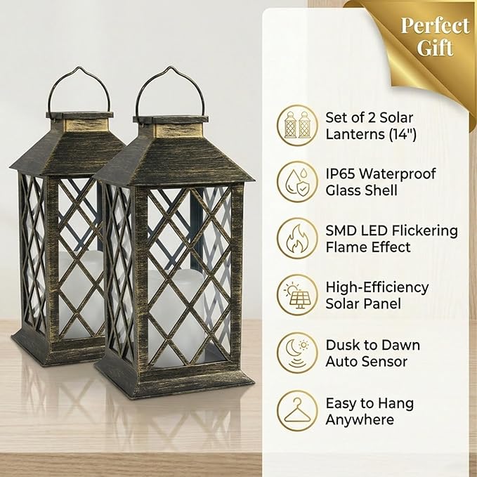 Solar Lanterns Outdoor Waterproof - 2 Pack 14" Large Hanging Solar Lantern with Glass Flickering Flame, IP65 Weatherproof Decorative Lanterns for Garden, Patio, Yard, Porch, Balcony, Gifts Mom Wife