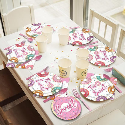 ZOIIWA 96 Pcs Two Sweet Donut Birthday Party Supplies Girls Donut Themed Tableware Table Decor Baby Girl 2nd Birthday Paper Plates Napkins Disposable Dinnerware Party Favor for Baby Shower 24 Guests