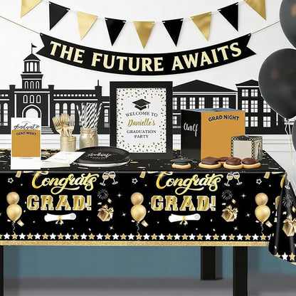 2Pcs Graduation Tablecloth, Graduation Decorations Black and Gold Class of 2026 Congrats Grad 54 x 108 inches Disposable Plastic Tablecloths for Graduation Party Decor Grad Plastic