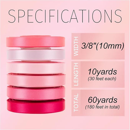 Pink Ribbon Thin 3/8 Inch x 60Yds Assorted Double Faced Pink Satin Ribbon Set for Flower Bouquet, Gift Wrapping, Wedding Invitation, Bridal Shower, Baby Shower, Hair Bows and Crafts