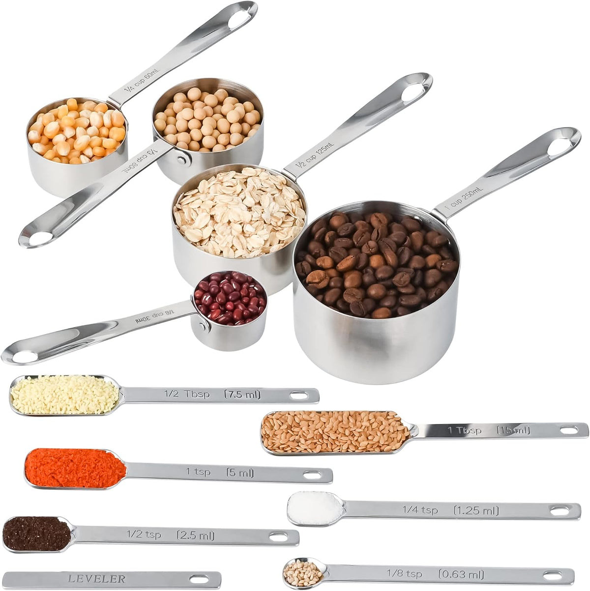 Measuring Cups and Spoons Set, 18/8 Stainless Steel Measuring Cups and Spoons Set for Kitchen & Baking, 5 MeasurE Cups &6 Long MeasurE Spoons&Leveler