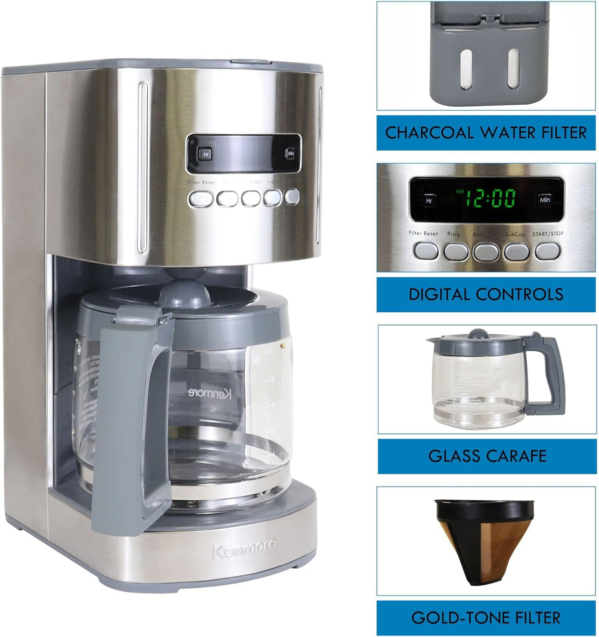 Kenmore Drip Coffee Maker - 12 Cup Programmable Cafe Machine With Glass Pot, Regular & Bold Brew, Auto Shut Off Large Water Reservoir