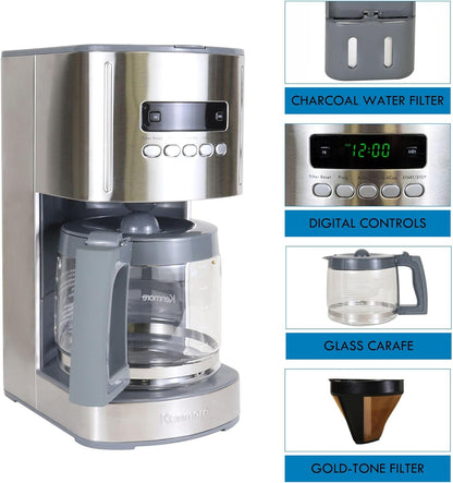 Kenmore Drip Coffee Maker - 12 Cup Programmable Cafe Machine With Glass Pot, Regular & Bold Brew, Auto Shut Off Large Water Reservoir
