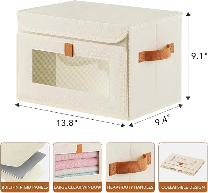 3 Pcs Front Opening Closet Organizers and Storage Bins with Attached Lid, Fabric Clothes Storage Box with Large Clear Window, Stackable Foldable Decorative Organizers for Shelf, Dorm, Beige