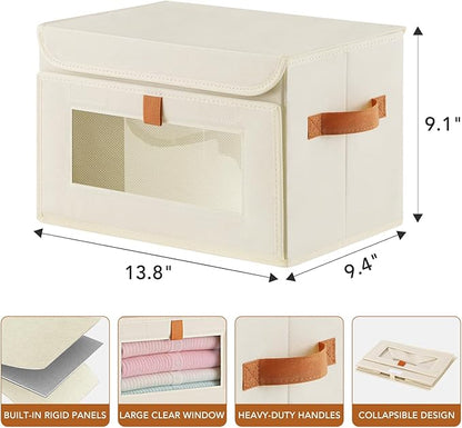 3 Pcs Front Opening Closet Organizers and Storage Bins with Attached Lid, Fabric Clothes Storage Box with Large Clear Window, Stackable Foldable Decorative Organizers for Shelf, Dorm, Beige