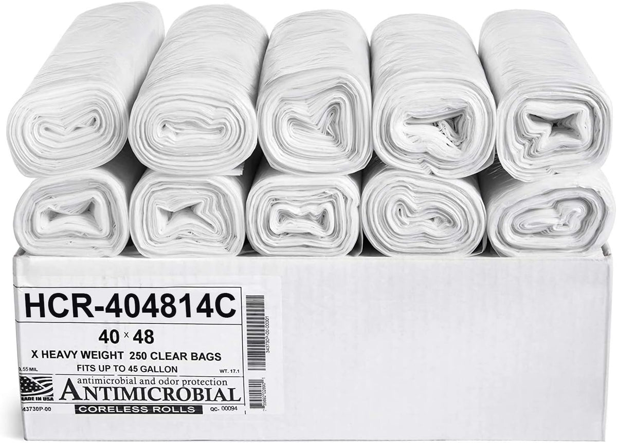 Aluf Plastics High Density Trash Bags, 45 Gallon, 250 Count, 14 Micron (eq), 40" x 48", Clear, for Bathroom, Office, Industrial, Commercial, Janitorial, Municipal, Recycling