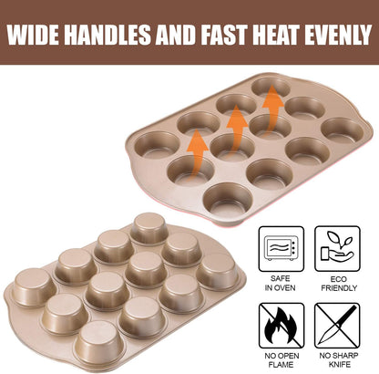 2 Pack Nonstick Muffin Pan Set, 12-Cup Heavy Duty Cupcake Baking Pan with Handles - PFOA-Free Muffin Tin, Rust Proof &amp; Warp Resistant, Oven Safe 430°F (Gold)