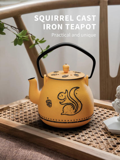 Toptier Teapot with Removable Infuser, Cast Iron Tea Kettle Stovetop Safe, Squirrel Design Tea Pot Coated with Enameled Interior for 32 Ounce (950 ml), Orange