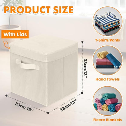 ShellKingdom Storage Bins, Foldable Fabric Storage Cubes with Lid, Clothes Storage Organizer Drawer For Closet Toys Storage, 13 X 13 X 13 INCH, 2 Pack (Beige)