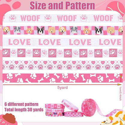 6 Roll Dog Paw Print Ribbon, 3/8 Inch x 30 Yard Pink Checkered Ribbons, Pet Grooming Gift Wrap Grosgrain Ribbons, White Love Print Ribbon for Pet Lover Animal Cat Themed Party Favor Decor