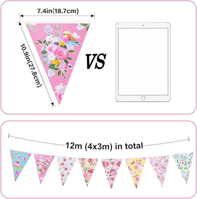 G2PLUS Floral Tea Party Banner, 39Ft Pre-Strung Flower Bunting Garland, Double Sided Paper Pennant Banner Garland for Birthday, Baby Shower, Bridal Shower, Garden, Spring Party Decor (Pink)