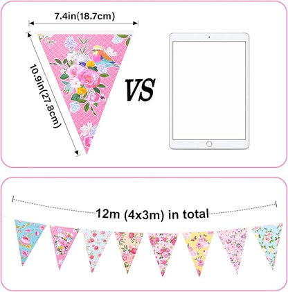 G2PLUS Floral Tea Party Banner, 39Ft Pre-Strung Flower Bunting Garland, Double Sided Paper Pennant Banner Garland for Birthday, Baby Shower, Bridal Shower, Garden, Spring Party Decor (Pink)