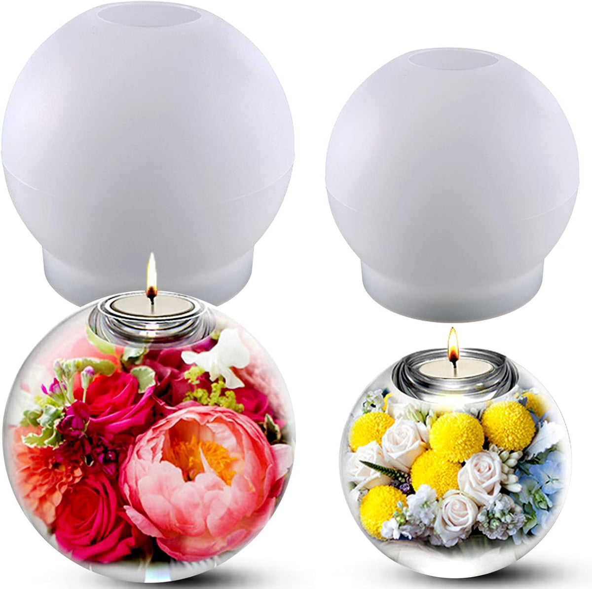 2 Pcs Tealight Candle Holder Resin Molds, Set of Large + Small Sphere Candlestick Silicone Molds for DIY Round Crystals Ball Candle Vessels Craft