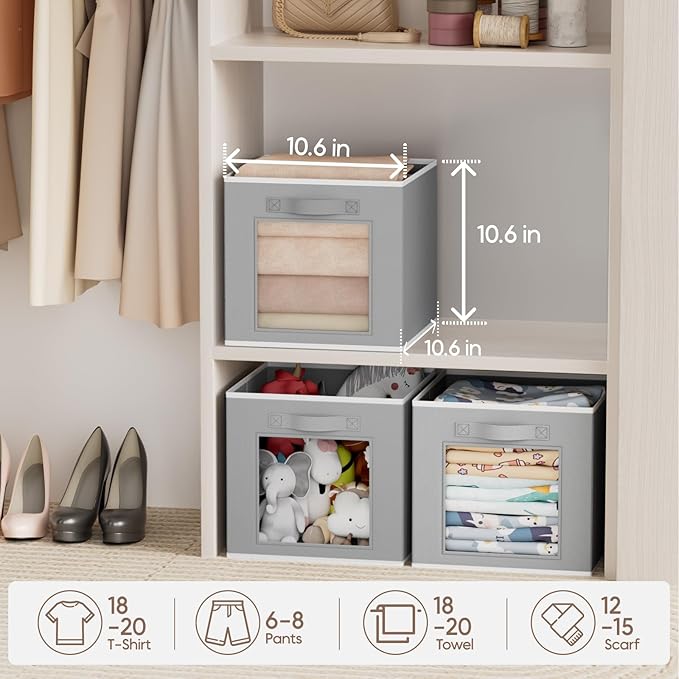 Homsorout Foldable Storage Cubes - Cubby Storage Organizer with Window, Decorative Baskets for Organizing, Fabric Bins for Clothes Storage, Closet Storage Cubes 11inch, Set of 12, Grey