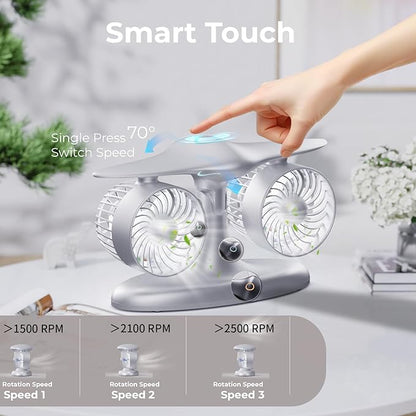 Portable Desk Fan, 8000mAh Battery Powered Small Quiet Table Fan for Bedroom Office, Aviation Style Turbine Personal Fan with LED Light, Retro Cordless Cooling Fan for Home, Travel & Sleeping