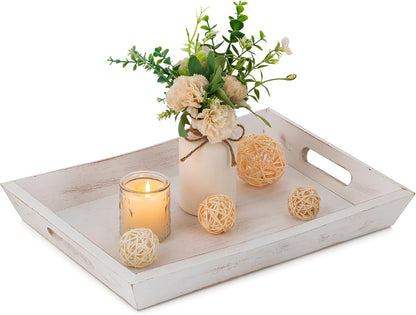 Hanobe Decorative Wooden Serving Tray: Rustic Wood Ottoman Trays for Coffee Table Rectangular Tray with Handles for Living Room Kitchen Home Decor