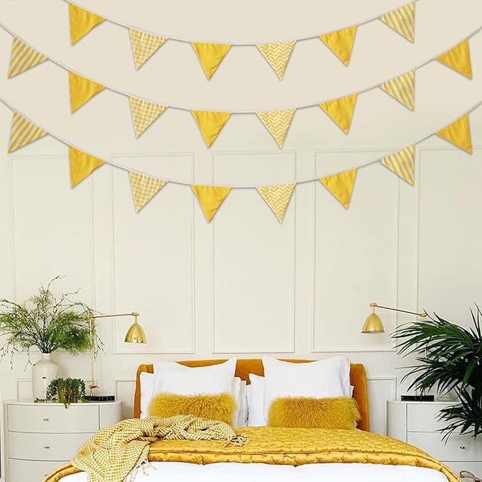 Zwiebeco 32Ft Yellow White Plaid Stripe Wavy Fabric Bunting Banner Triangle Flags Cotton Garland Pennant for Birthday Wedding Baby Shower Tea Party Classroom Nursery Home Outdoor Garden Decorations