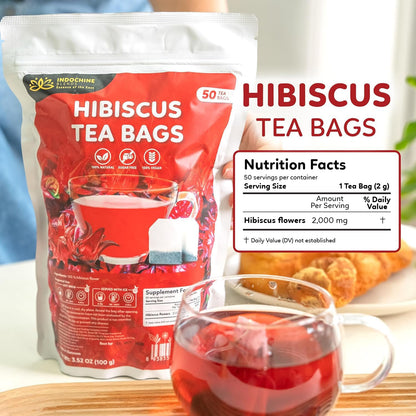 Indochine Blends Hibiscus Tea Bags, 100% Pure Hibiscus Flower, 50 Count | Jamaica Tea, Tart Fruity Flavor, Sugar-Free, Gluten-Free &amp; Vegan, Individually Wrapped, Double Chamber Teabags
