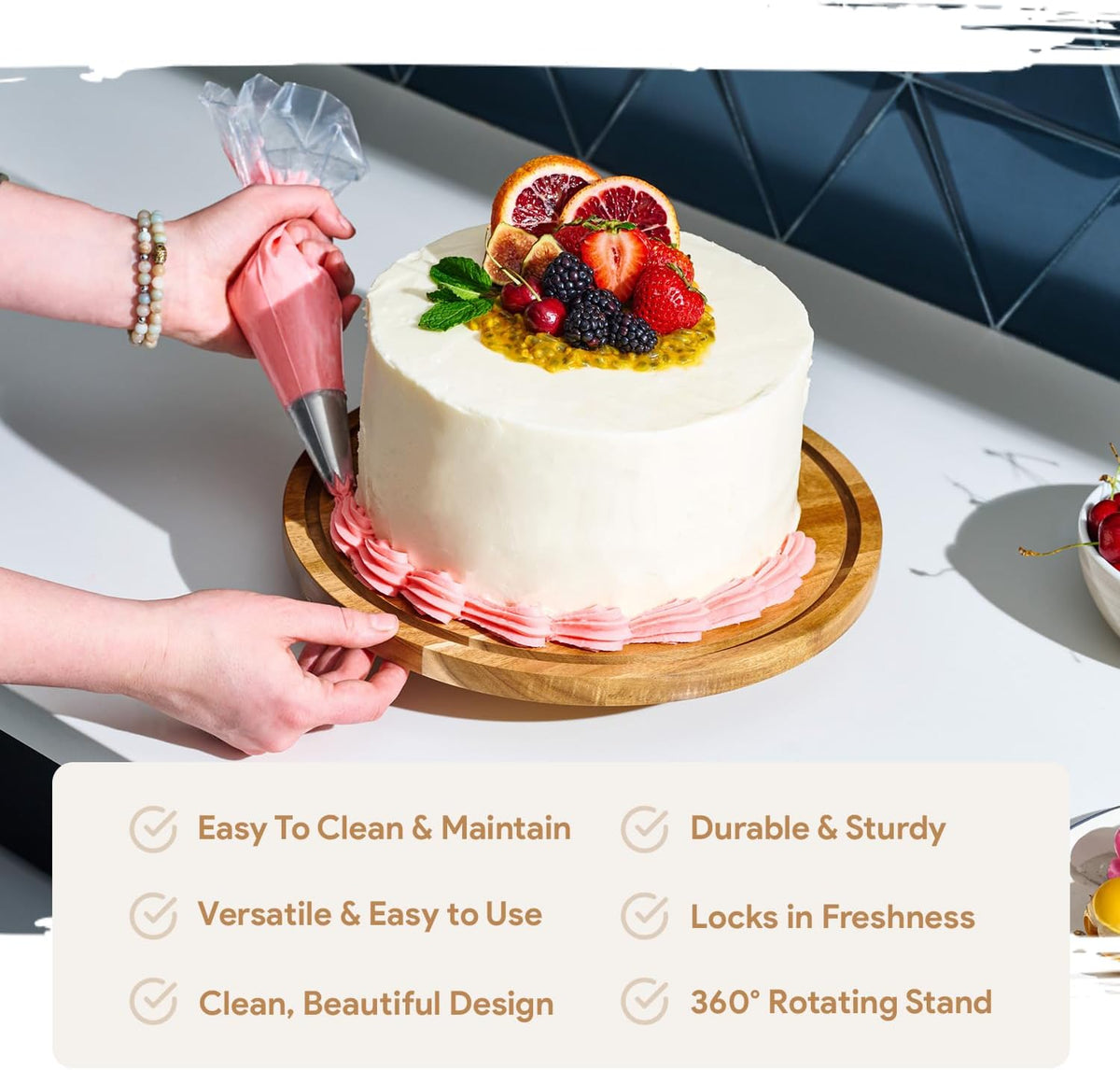 Rotating Cake Stand With Lid - 12 Inch Round Cake Holder with Cover, 4” Tall, Acacia Wood Spinning Cake Turntable for Decorating