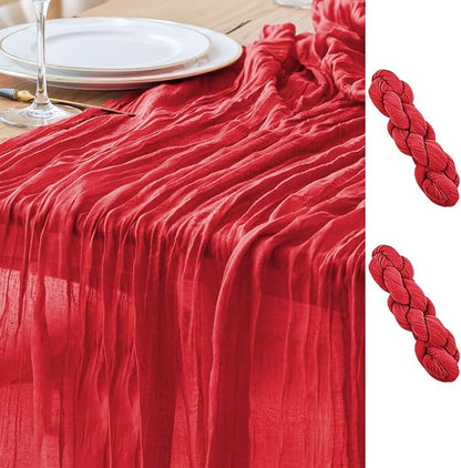 Asee'm 2PCS Easter Table Runner Cheesecloth 10FT Red Boho Gauze Fabric Rustic Sheer Cheese Cloth Runners for Valentine's Day Wedding Bridal Shower Party
