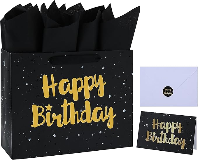 13" Large Black Gift Bag Set with Greeting Card and Tissue Papers (Stars and Gold Foil ‘Happy Birthday’) for Men's or Women's Party, Boys', Girls' or Kids' Birthday Parties, Baby Boy or Girl, 13”x5.2”x10.2”, 1 Pcs.